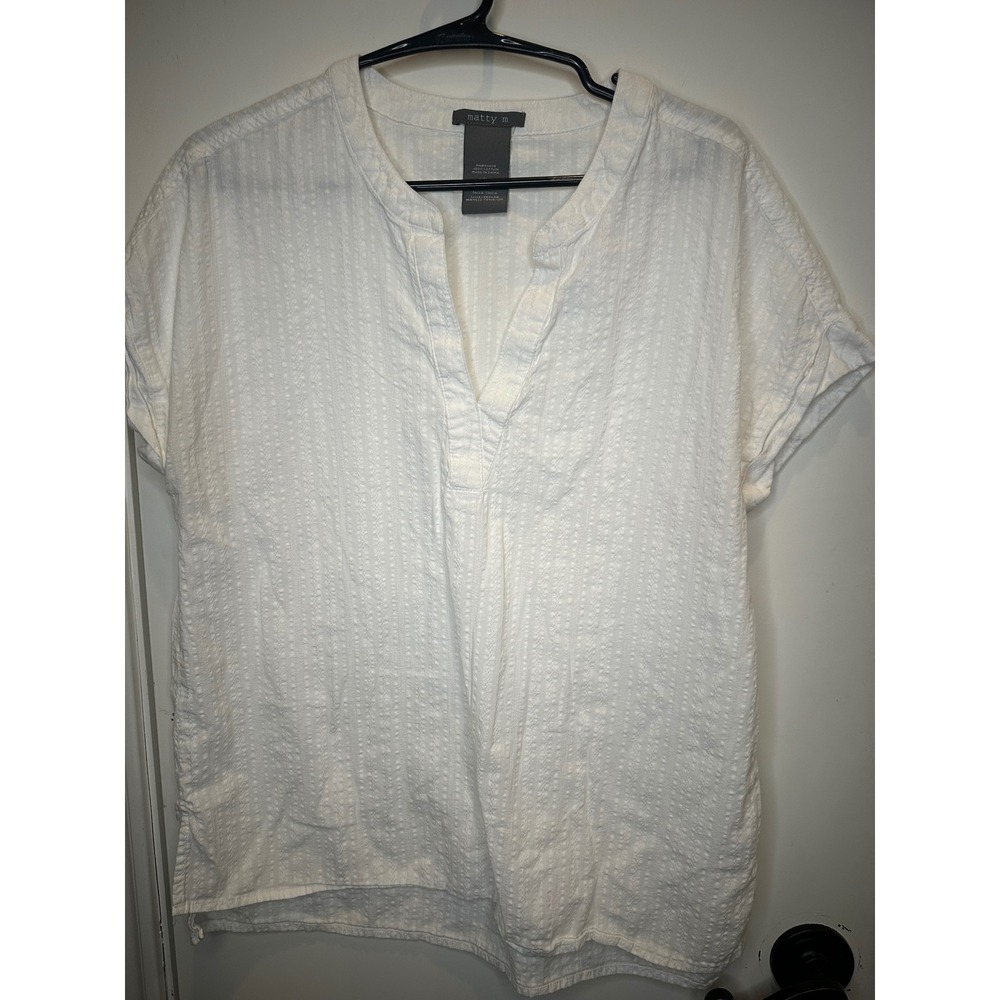 Matty M Womens White Textured Cotton Split Neck Blouse Top MW9522-731US/OM Small